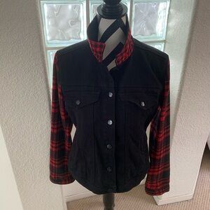 Super Cute “TRACTR” Black Jean Jacket w/Red and Black Plaid